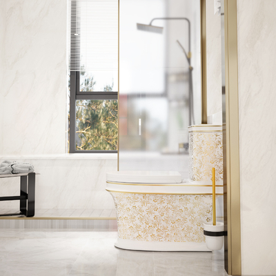 Τα WC λουτρών γύρω από την υγειονομική τουαλέτα εμπορευμάτων κυλούν το κεραμικό χρυσό χρώμα