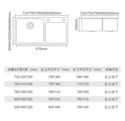 Η κουζίνα ανοξείδωτου Undermount βυθίζει τα διπλά 220mm βαθιά κύπελλα